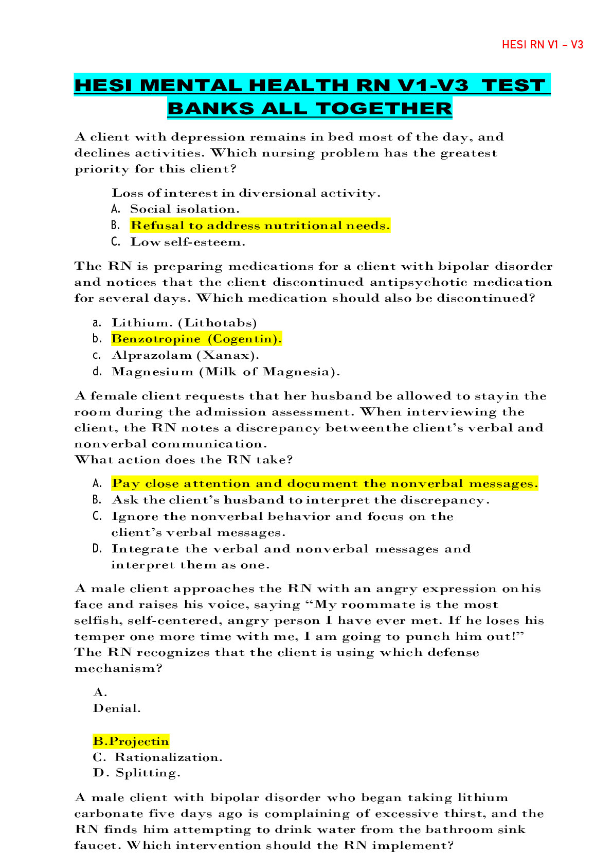 Preview image for Hesi Mental Health RN v1-v3 2020 Test Bank For 2020-2021 (All Together)